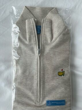 Masters Half-Zip Sweater in Light Heather Taupe with Yellow & Red Logo